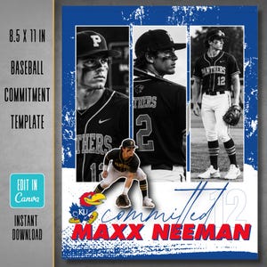 May include: A digital baseball commitment template measuring 8.5 by 11 inches. The design features three black and white photos of a baseball player, a Kansas Jayhawks logo, the text "committed" in script, and the name "MAXX NEEMAN" in red.