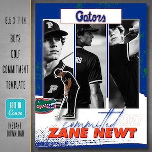 May include: A digital graphic design template measuring 21.59 x 27.94 cm featuring three black and white photos of a golfer, the text Gators, committed, 2027, and Zane Newt, along with a blue and orange alligator mascot logo on a blue background.