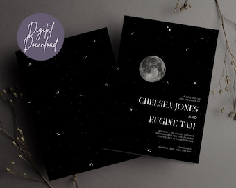 May include: A black and white wedding invitation with a starry night sky background and a large moon. The invitation reads "Please join us for the union of Chelsea Jones and Eugine Tam. Saturday, the fifth of October, two thousand and twenty three, one o'clock in the afternoon. The Derryf, Ashtead Lane, Kent,  BR2 5JP."