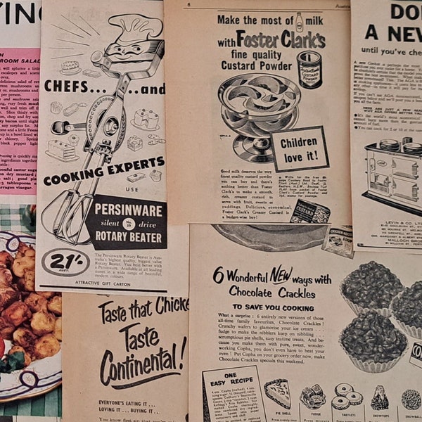 24pcs 1950s food cuttings. Vintage kitchen cooking recipes clippings from old magazines. Papercraft scrapbooking junk journalling scrao book