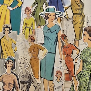 May include: A collection of vintage paper doll cutouts featuring various figures in colorful dresses, suits, and hats, layered over a background of printed sewing pattern instructions with visible text and diagrams in black and white ink.