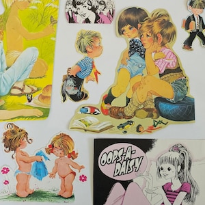 30-delige vintage kieskeurige meisjes-, kinder- en dierenillustraties met grote ogen. Sprookjesfoto's uit de jaren 80. Met de hand uitgesneden junkjournaal voor scrapbooking, kortstondig