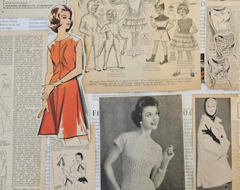 May include: A collage of vintage fashion magazine clippings featuring black and white illustrations of children's costumes, sewing patterns, and advertisements. A cut-out of a person in an orange dress and a person in a white sweater are layered over text.