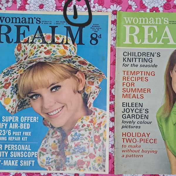 Vintage 1960s magazines, Woman's Realm. Original ladies magazines 60s lifestyle home cooking fashion knitting sewing. Vintage ephemera