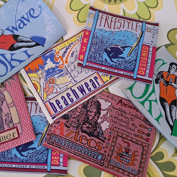 Vintage clothing labels, tags. Retro woven patches clothes tags. Surf, beach, travel. Fabric Labels | Embellishments | Junk Journal Ephemera