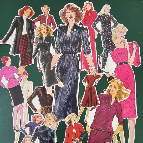 22 ladies, 1980's original pattern book fashion diecuts. Vintage 80s fussy cut sewing pattern models. Fashion ephemera collage, junk journal