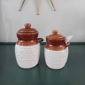 Retro 1970s tea and coffee caddy. Brown and cream glazed pottery storage jars. Made in Japan. Vintage kitchen. Vintage home decor, kitchen