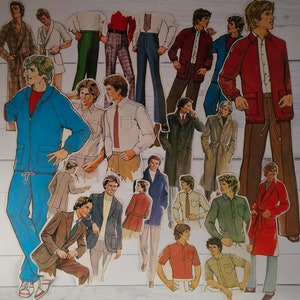 May include: A collection of vintage paper cutouts of men's fashion illustrations. The illustrations depict various outfits, including suits, jackets, shirts, and pants. The color palette includes shades of blue, red, brown, and green. The cutouts are arranged on a white surface.