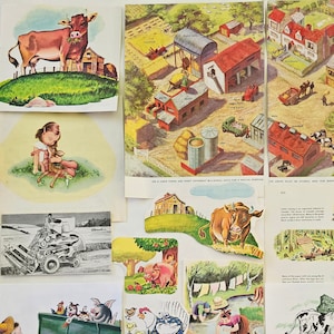 Más de 40 ilustraciones antiguas de On The Farm. Paquete de chatarra cottagecore de granja de animales de granja de campo retro cortado a mano. Diario basura de álbum de recortes de collage