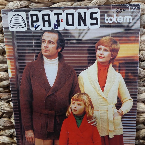 Patons Totem vintage pattern 122. Knitted jacket mens + womens + childs. Knitting pattern. Retro 1960s. Wool jumper his and hers.