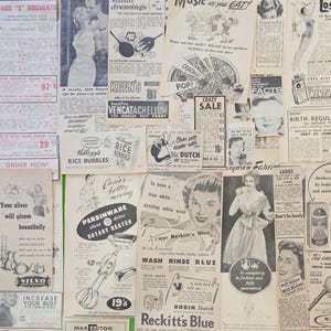 Conjunto de 50 anúncios de revistas da década de 1950. Classificados de diversos tamanhos, anúncios antigos de revistas. Material vintage. imagem 2