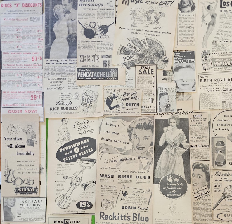 Conjunto de 50 anúncios de revistas da década de 1950. Classificados de diversos tamanhos, anúncios antigos de revistas. Material vintage. imagem 2