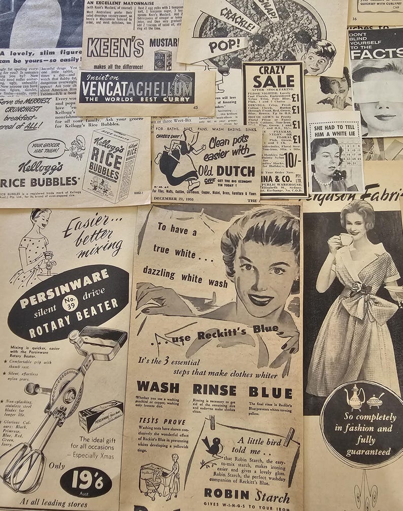 Pode incluir: Uma colagem de an&uacute;ncios vintage em preto e branco apresentando v&aacute;rios produtos, incluindo um batedor rotativo, Kellogg's Rice Bubbles, limpador Old Dutch e goma Robin Starch. A cole&ccedil;&atilde;o exibe tipografia e ilustra&ccedil;&otilde;es de meados do s&eacute;culo.
