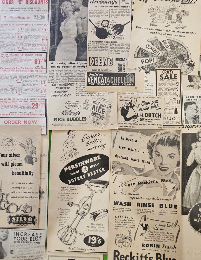 Pode incluir: Uma colagem de an&uacute;ncios vintage em preto e branco com v&aacute;rios produtos, incluindo Kellogg's Rice Bubbles, o batedor rotativo Persinware, polidor Silvo e Reckitt's Blue. A impress&atilde;o exibe tipografia, ilustra&ccedil;&otilde;es e texto variados.