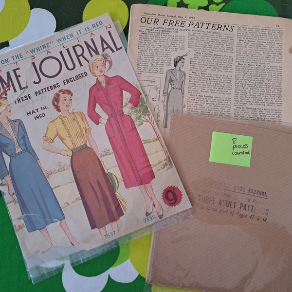 May 1950 ladies dress sewing pattern. 1950's Australian Home Journal Original covers + pattern. Photocopy magazine body. Vintage dressmaking