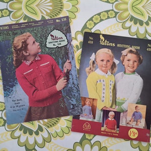 Two vintage 1950&#39;s Patons Knitting Books No 418 and 535. Knitting patterns for toddlers and girls 2 to 14 years. Knit hats jumpers cardigans