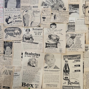 Conjunto de 50 anúncios de revistas da década de 1950. Classificados de diversos tamanhos, anúncios antigos de revistas. Material vintage. imagem 8