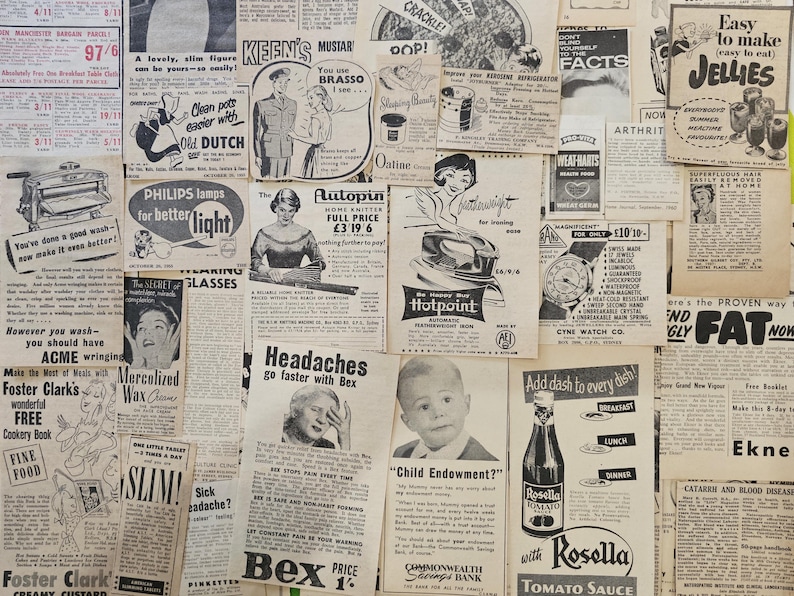 Conjunto de 50 anúncios de revistas da década de 1950. Classificados de diversos tamanhos, anúncios antigos de revistas. Material vintage. imagem 8