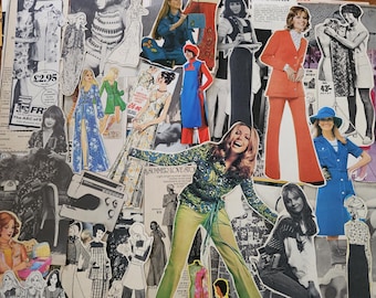 50 peças de recortes de moda e costura dos anos 70, de revistas vintage originais e livros de moldes. Diário de scrapbook com colagem em papel.