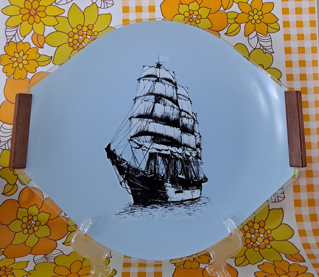 Vintage Glass Tray, Teak Handles, Clipper Sailing Ship. MCM Tall Ship