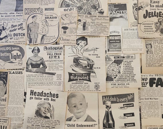 50 pc  1950s magazine advertisements. Large to small classifieds, old magazine ads. Vintage ephemera.