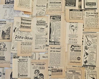 Conjunto de 50 pequenos anúncios de revistas da década de 1950. Classificados originais, anúncios antigos de revistas. Peças vintage.