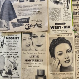 Conjunto de 50 anúncios de revistas da década de 1950. Classificados de diversos tamanhos, anúncios antigos de revistas. Material vintage. imagem 9
