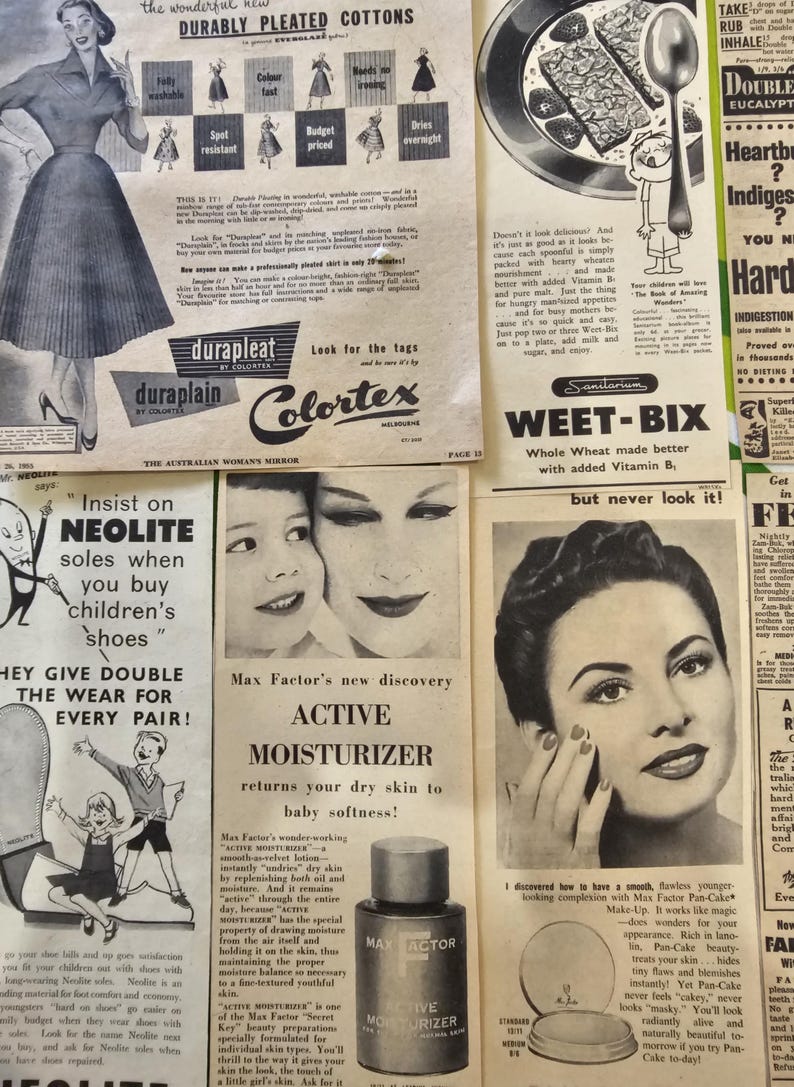 Conjunto de 50 anúncios de revistas da década de 1950. Classificados de diversos tamanhos, anúncios antigos de revistas. Material vintage. imagem 9