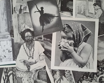 Kit de colagem com 50 imagens originais em preto e branco, retiradas de livros e revistas antigos. Ideal para decoração de parede, scrapbooking e outros projetos. Fotografia anterior a 1970.