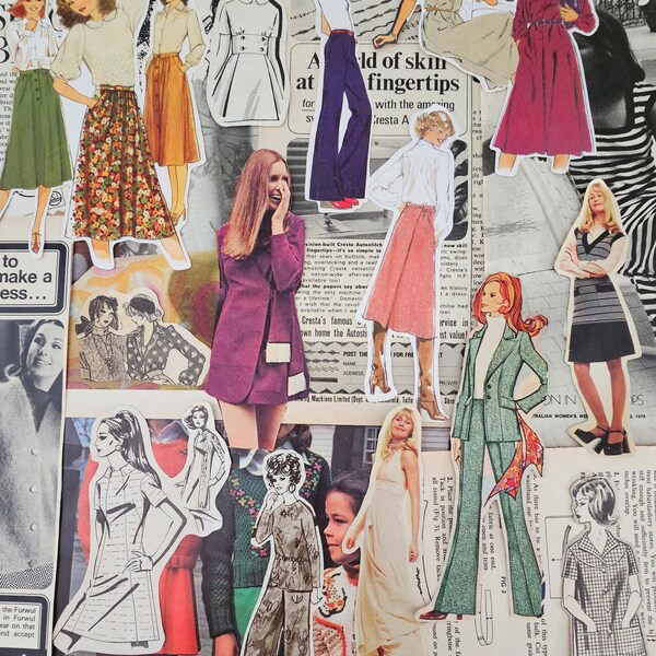 75 pieces 1970's fashion and sewing ephemera cuttings from original vintage magazines, pattern books. Papercraft collage scrapbook journal