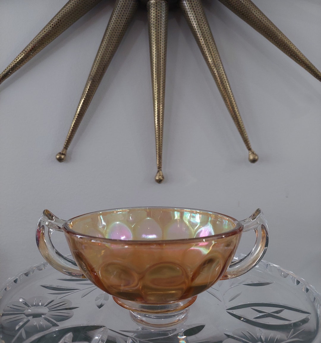 Vintage Carnival Glass Bowl, Trophy Style Handles. Art Deco Style Candy