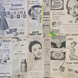 Conjunto de 50 anúncios de revistas da década de 1950. Classificados de diversos tamanhos, anúncios antigos de revistas. Material vintage. imagem 7