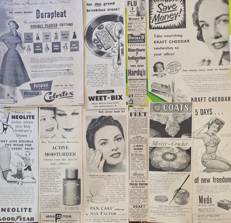 Conjunto de 50 anúncios de revistas da década de 1950. Classificados de diversos tamanhos, anúncios antigos de revistas. Material vintage. imagem 7