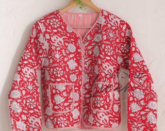 Blocktryckt bomullsquiltad jacka - Vändbar boho Kantha-kappa