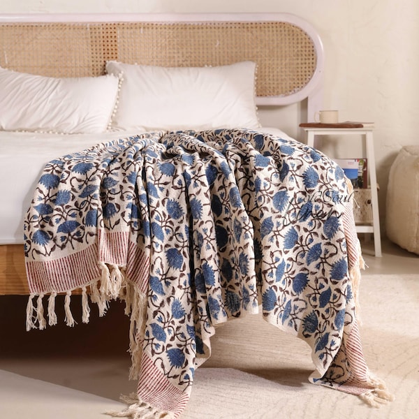 Indigo Blue Flower Cotton Throw Blanket with Tassels, Bohemian Couch Throw, Block Print Bed Cover, Lightweight Bedspread