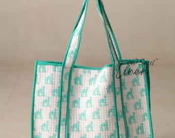 花柄キルティングトートバッグ：インドのハンドブロックプリント