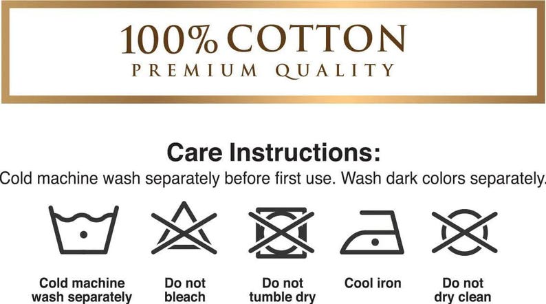 Puede incluir: Fondo blanco con texto y s&iacute;mbolos de cuidado. El texto dice "100% ALGOD&Oacute;N CALIDAD PREMIUM" en marr&oacute;n. Debajo, "Instrucciones de cuidado" seguido de instrucciones de lavado y s&iacute;mbolos: lavar a m&aacute;quina con agua fr&iacute;a, no usar lej&iacute;a, no usar secadora, planchar a baja temperatura y no limpiar en seco.