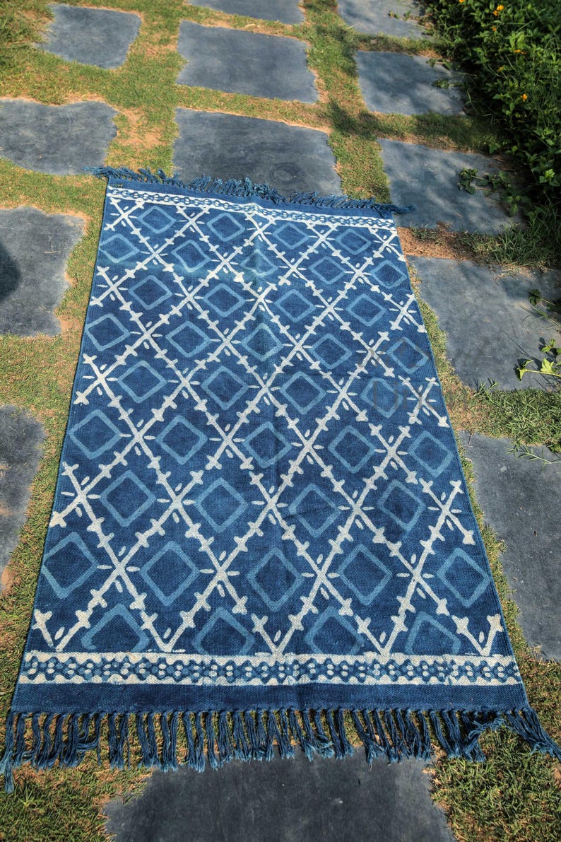 Hand Block Printed Indigo Dhurrie Rug: Large Cotton Area Rug - Etsy