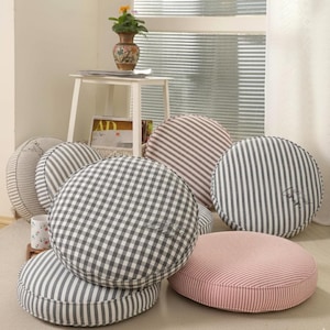 Striped Round Floor Cushion | Linen Meditation Pillow | Boho Sitting Pouf Cover | Handmade Seat Cover | Neutral Home Décor | Zen Yoga Cover