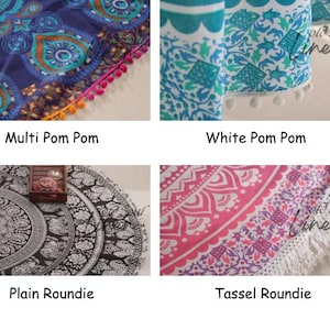 May include: Four round tapestries with different trim styles. The first tapestry has a blue and teal mandala pattern with multi-colored pom pom trim. The second tapestry has a white and blue floral pattern with white pom pom trim. The third tapestry has a black and white mandala pattern with no trim. The fourth tapestry has a pink and purple mandala pattern with white tassel trim.