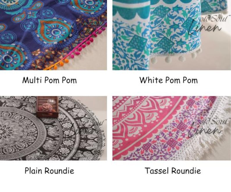May include: Four round tapestries with different trim styles. The first tapestry has a blue and teal mandala pattern with multi-colored pom pom trim. The second tapestry has a white and blue floral pattern with white pom pom trim. The third tapestry has a black and white mandala pattern with no trim. The fourth tapestry has a pink and purple mandala pattern with white tassel trim.
