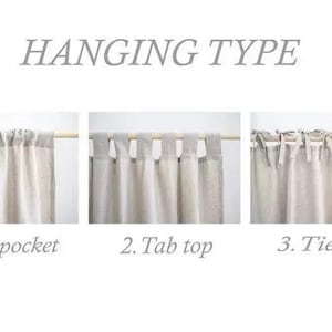 Puede incluir: Imagen que muestra tres estilos diferentes de colgar cortinas: bolsillo para barra, pesta&ntilde;a y lazo. El texto "HANGING TYPE" est&aacute; en la parte superior. Cada estilo se muestra con una cortina de color claro en una barra de madera, demostrando las diferentes formas de colgar cortinas.