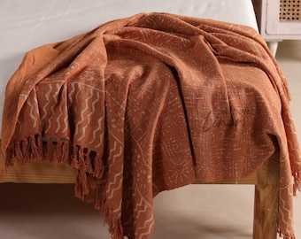 Terracotta Boho Throw Blanket | Cotton Fringe Bedspread | Rustic Sofa & Wall Decor