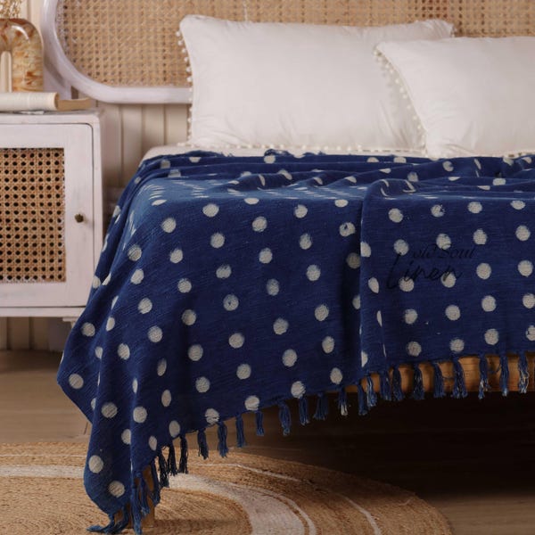 Indigo Cotton Throw Blanket, Hand Block Print Polka Dot Throw, Blue Cotton Sofa Throw with Fringe, Farmhouse Boho Home Decor