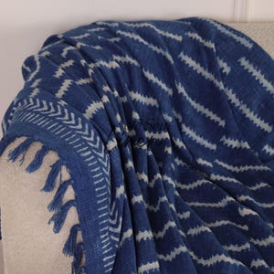 Puede incluir: Una manta estampada en azul y blanco sobre un sill&oacute;n beige. La manta presenta un dise&ntilde;o de zigzag repetido y un borde con flecos y borlas. La combinaci&oacute;n de colores es azul &iacute;ndigo oscuro y blanco.