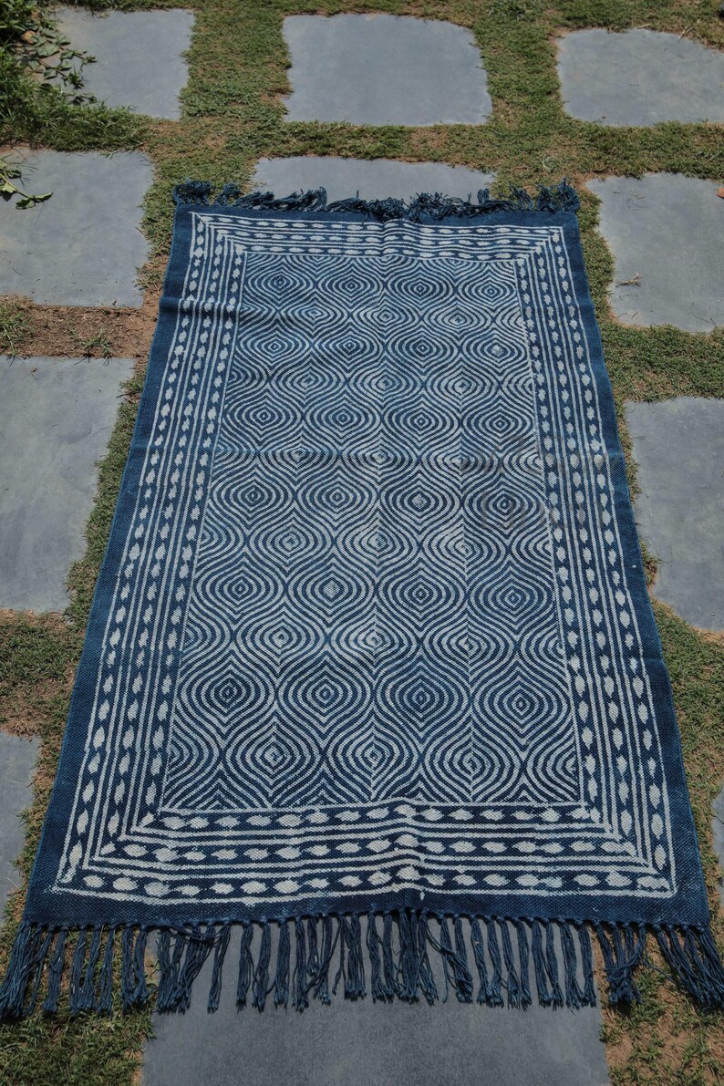 Hand Block Printed Indigo Dhurrie Rug: Large Cotton Area Rug - Etsy