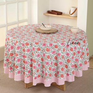 Indian Floral Block Print Cotton Round Tablecloth