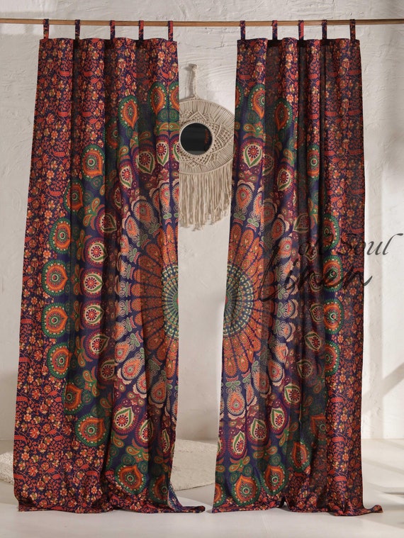 thumbnail image 2 of Blue Peacock Mandala Cotton Curtains - Bohemian Window Tapestry Drapes Set Of 2 (82x41 Inches Each) 2 of 5