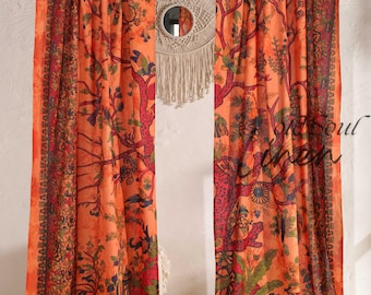 Orange Tree of Life Cotton Curtains: Bohemian Window Drapes, Set of 2 Panel