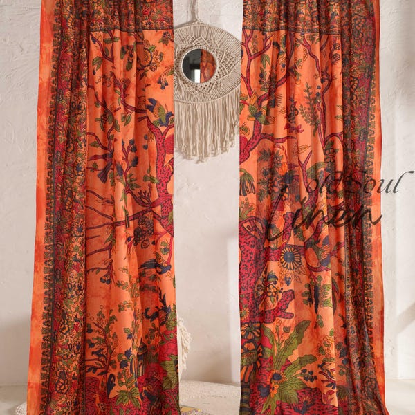 Orange Tree of Life Cotton Curtains: Bohemian Window Drapes, Set of 2 Panel